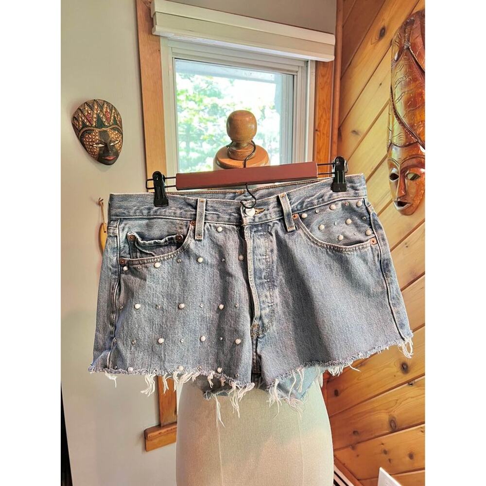 Vintage Custom Upcycled Rhinestone and Pearl Studded Jean Shorts Style 501